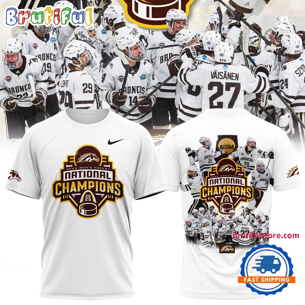 Western Michigan Broncos Men’s Ice Hockey National Champions 2025 Team Graphics White T Shirt