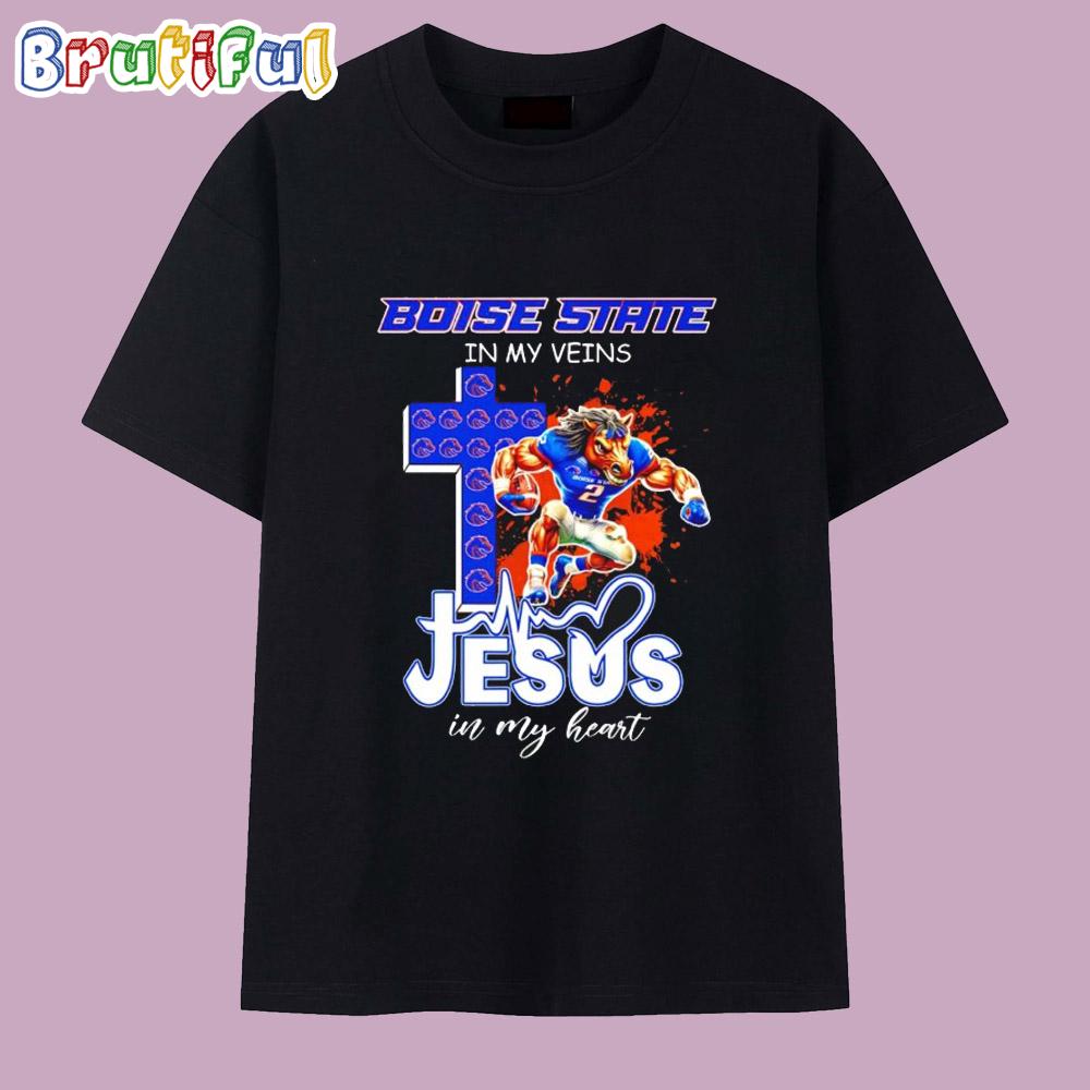 Boise State Broncos in My Veins Jesus in My Heart Cross Mascot T Shirt