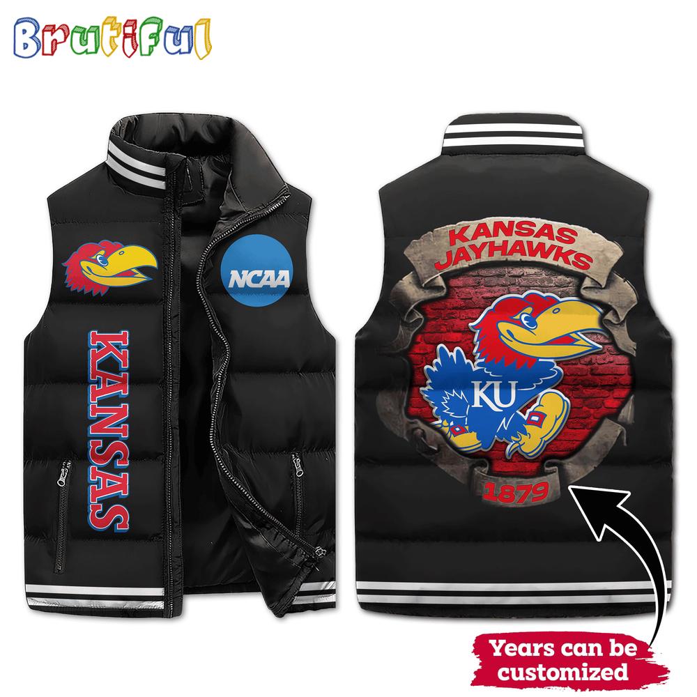 NCAA Kansas Jayhawks Mascot Sporty Design Sleeveless Puffer Jacket