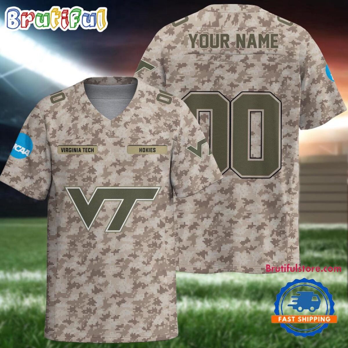 NCAA Virginia Tech Hokies Camo Veterans Personalized Football Jersey