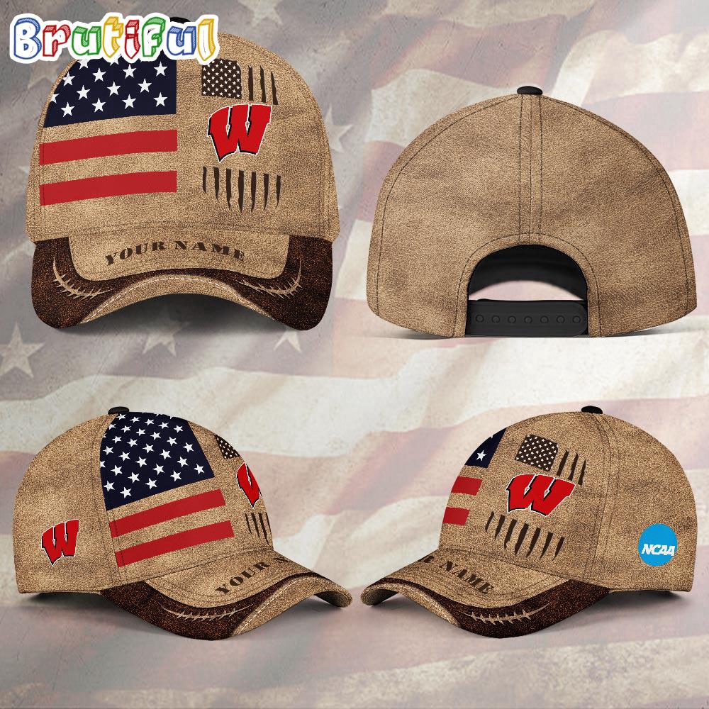 NCAA Wisconsin Badgers Sport Team Pesonalized American Flag Baseball Cap