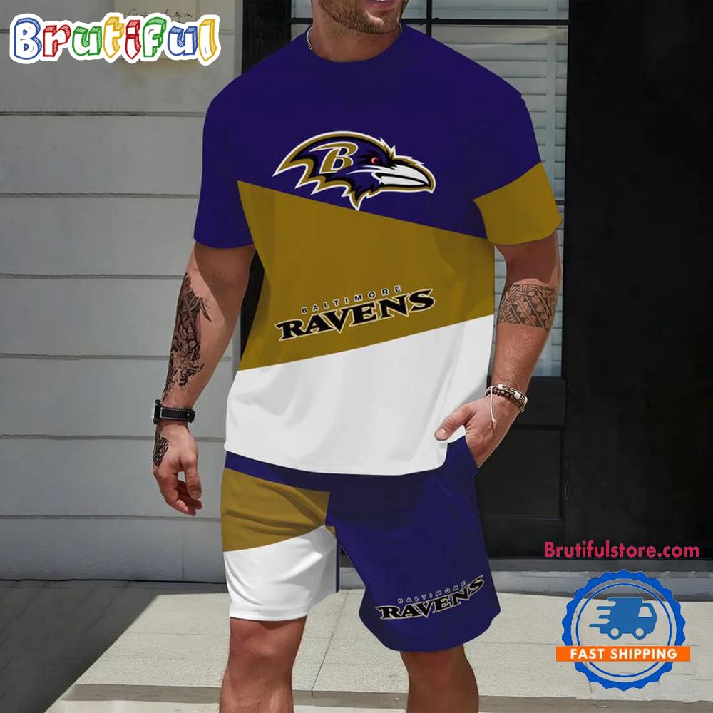 NFL Baltimore Ravens Divided Pattern Summer T Shirt And Shorts Set