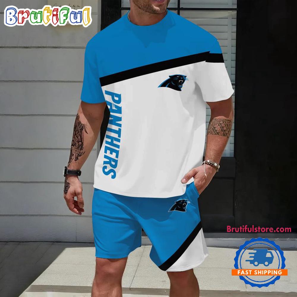NFL Carolina Panthers Stripe Pattern Summer T Shirt And Shorts Set