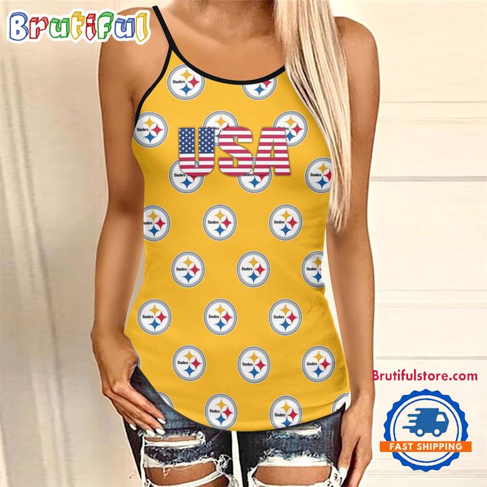 NFL Pittsburgh Steelers USA Independence Day Women's Criss Cross Tank Top