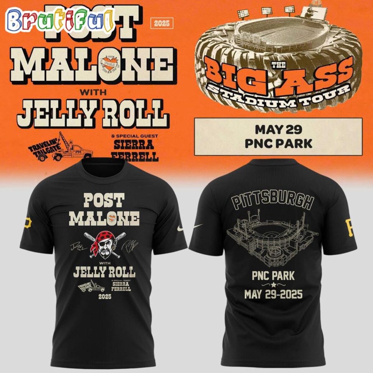 Post Malone Big Ass Stadium Tour x Pittsburgh Pirates 2025 3D Shirt