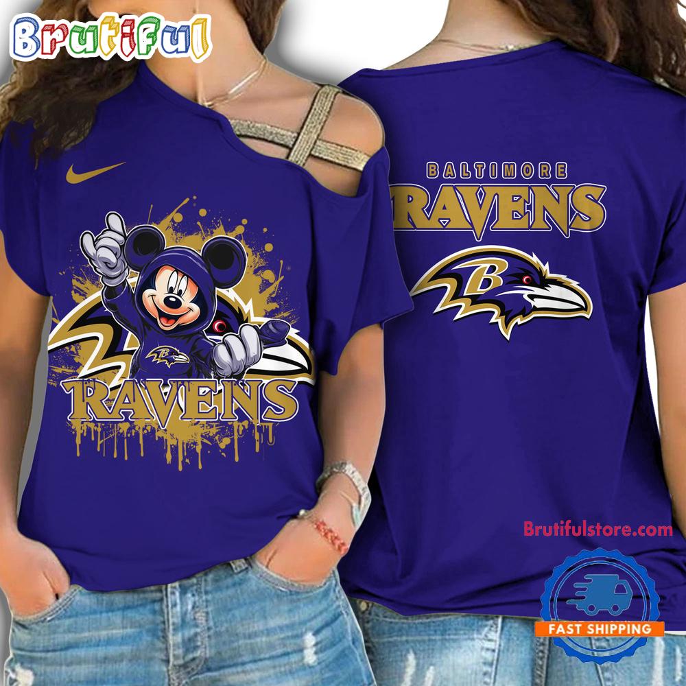 NFL Baltimore Ravens Mickey Mouse Women's Cross Strap Shoulder Shirt, Football One Shoulder Shirt