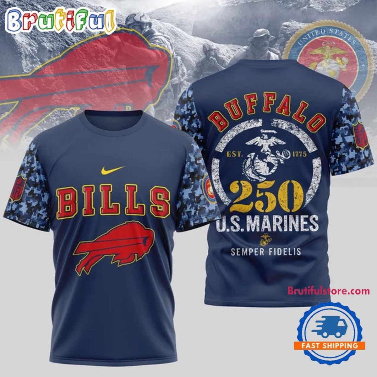 人気商品、新品未使用、NFL、BILLS刺繍、ワッペン、XLサイズ NFL Buffalo Bills US Marines 250 Years Est.1775 Unisex 3D T Shirt