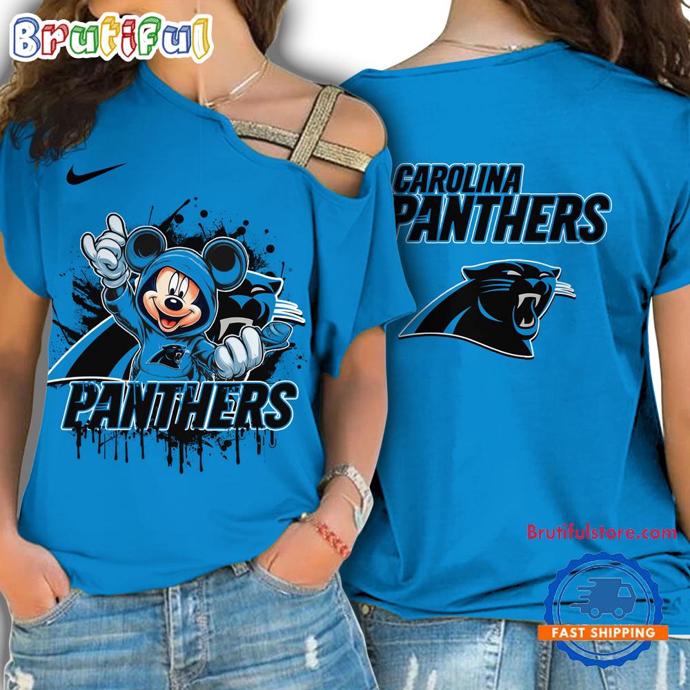 NFL Carolina Panthers Mickey Mouse Women's Cross Strap Shoulder Shirt, Football One Shoulder Shirt