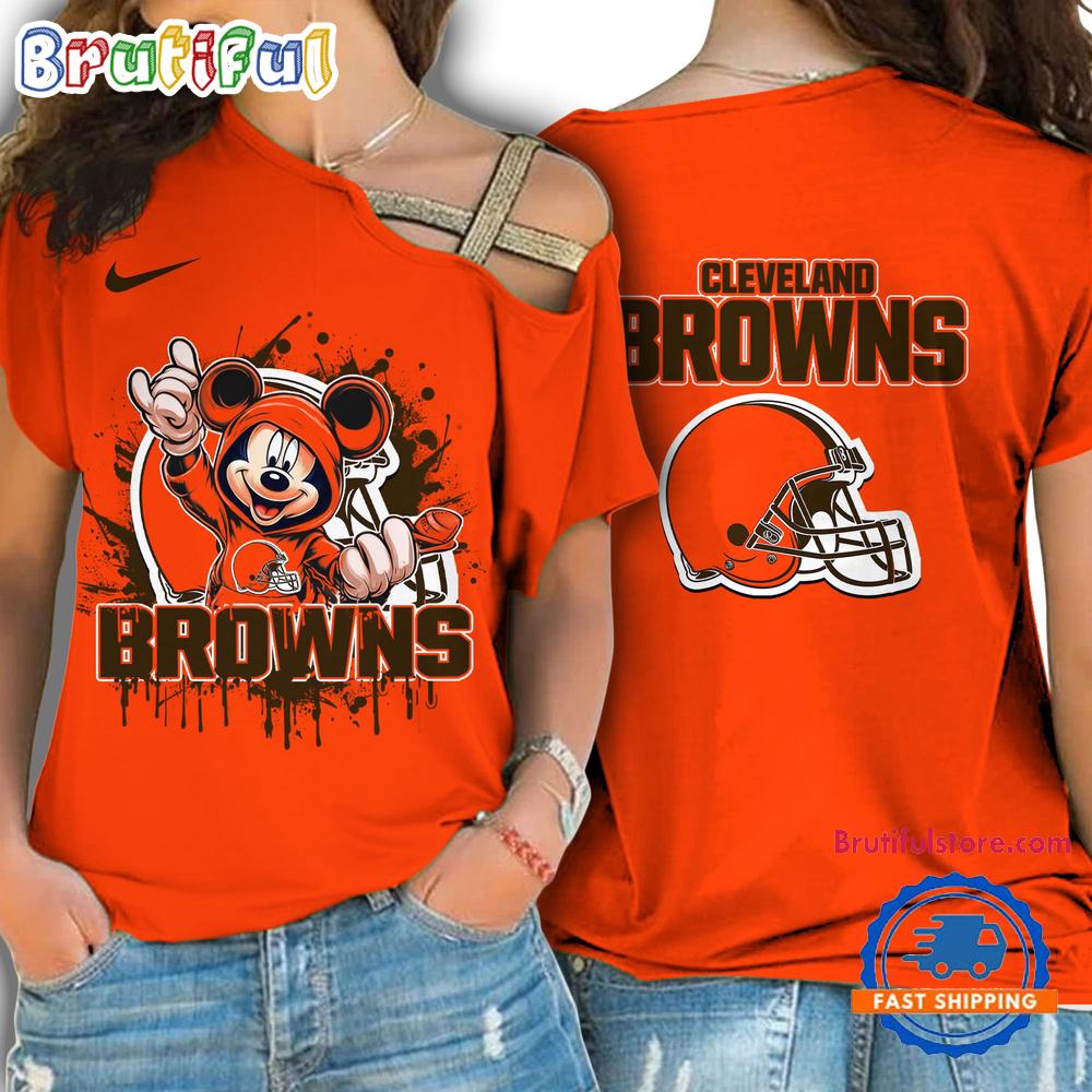 NFL Cleveland Browns Mickey Mouse Women's Cross Strap Shoulder Shirt, Football One Shoulder Shirt