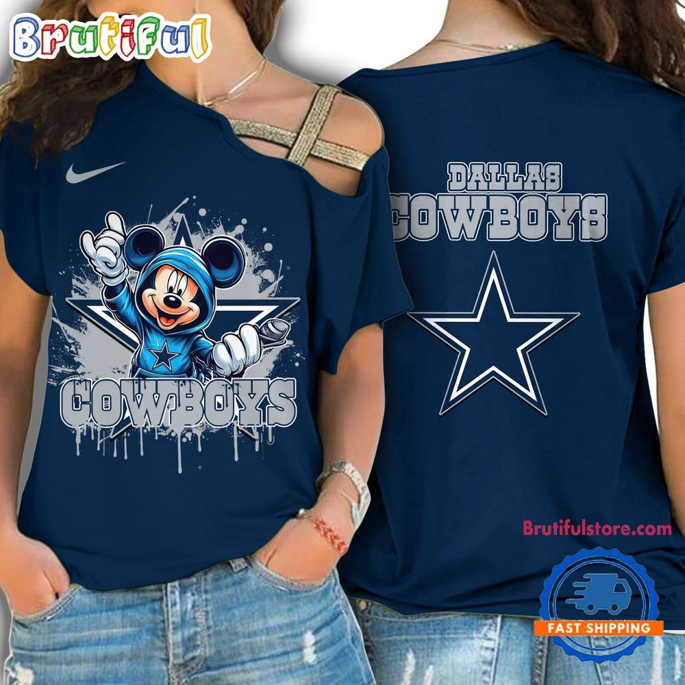 NFL Dallas Cowboys Mickey Mouse Women's Cross Strap Shoulder Shirt, Football One Shoulder Shirt