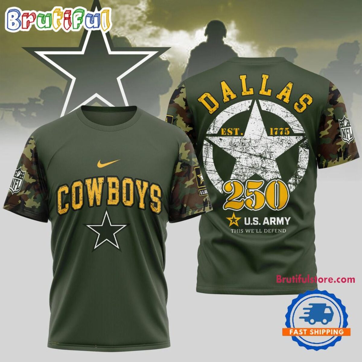 NFL Dallas Cowboys US Army 250th Birthday Celebration 3D Shirt