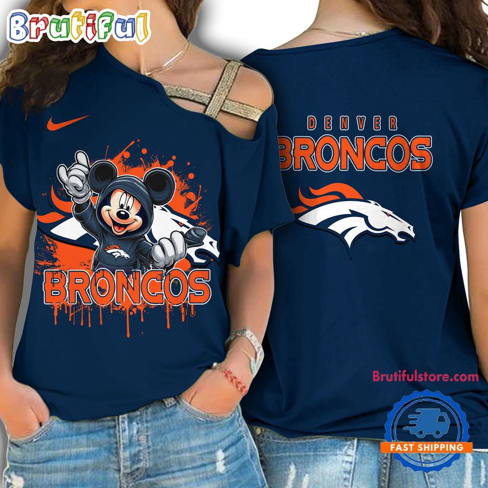 NFL Denver Broncos Mickey Mouse Women's Cross Strap Shoulder Shirt, Football One Shoulder Shirt