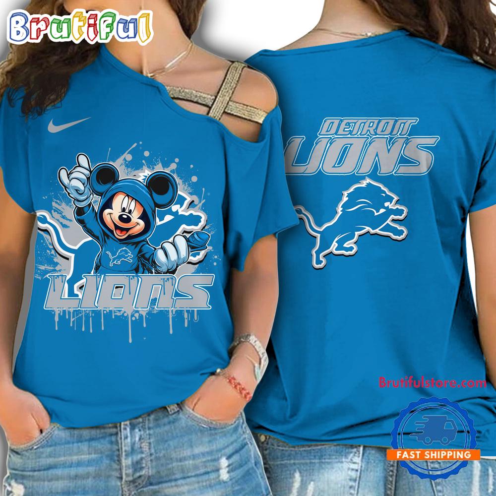 NFL Detroit Lions Mickey Mouse Women's Cross Strap Shoulder Shirt, Football One Shoulder Shirt