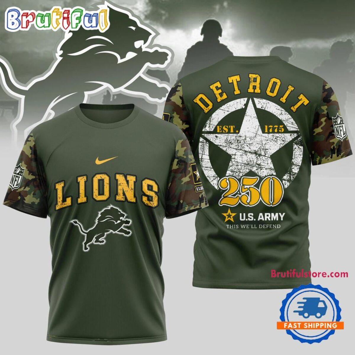 NFL Detroit Lions US Army 250th Birthday Celebration 3D Shirt