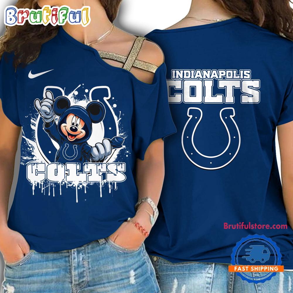 NFL Indianapolis Colts Mickey Mouse Women's Cross Strap Shoulder Shirt, Football One Shoulder Shirt