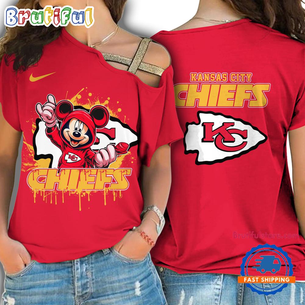 NFL Kansas City Chiefs Mickey Mouse Women's Cross Strap Shoulder Shirt, Football One Shoulder Shirt