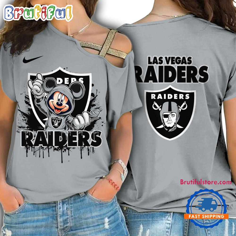 NFL Las Vegas Raiders Mickey Mouse Women's Cross Strap Shoulder Shirt, Football One Shoulder Shirt