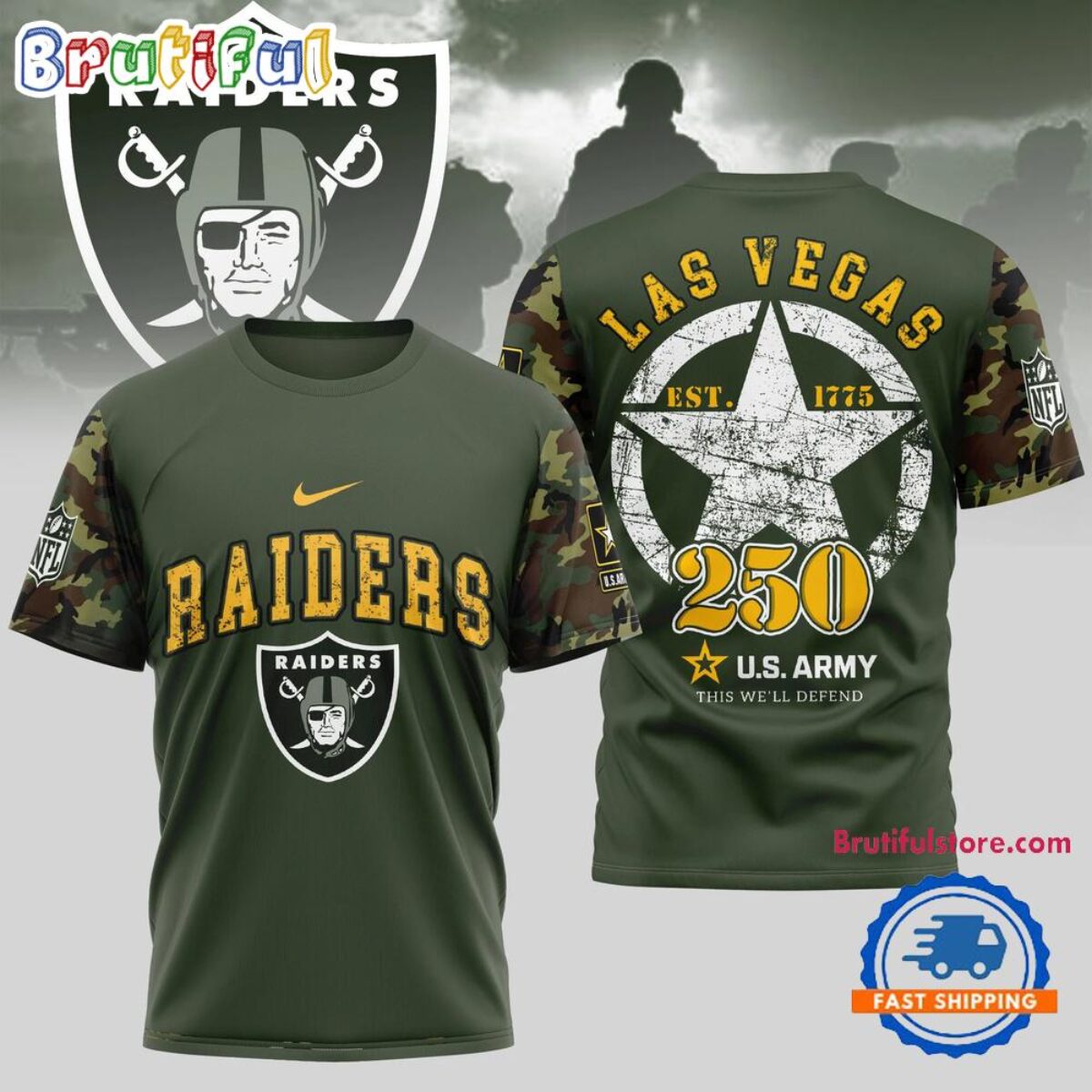 NFL Las Vegas Raiders US Army 250th Birthday Celebration 3D Shirt