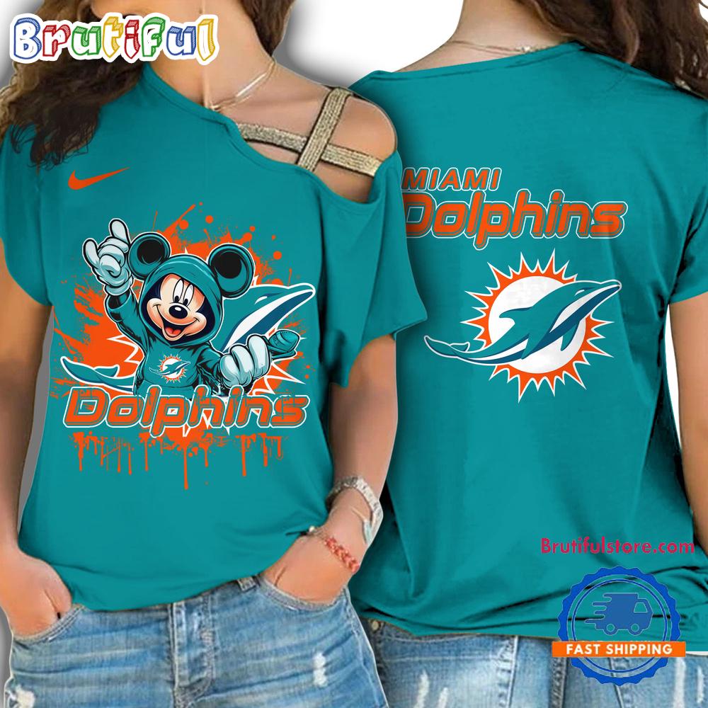 NFL Miami Dolphins Mickey Mouse Women's Cross Strap Shoulder Shirt, Football One Shoulder Shirt