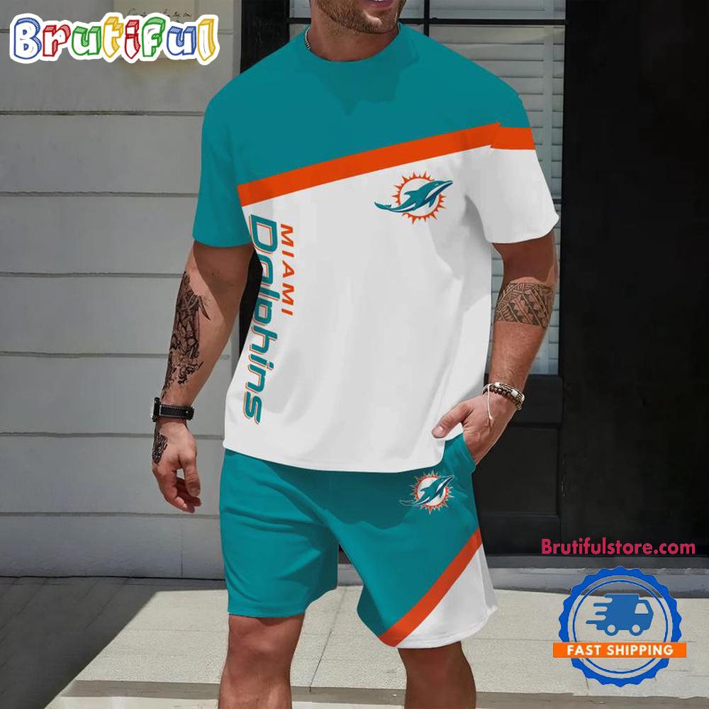 NFL Miami Dolphins Stripe Pattern Summer T Shirt And Shorts Set