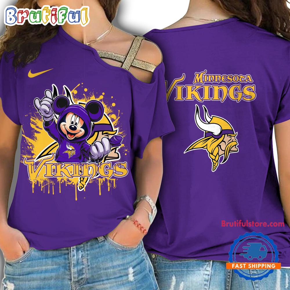 NFL Minnesota Vikings Mickey Mouse Women's Cross Strap Shoulder Shirt, Football One Shoulder Shirt