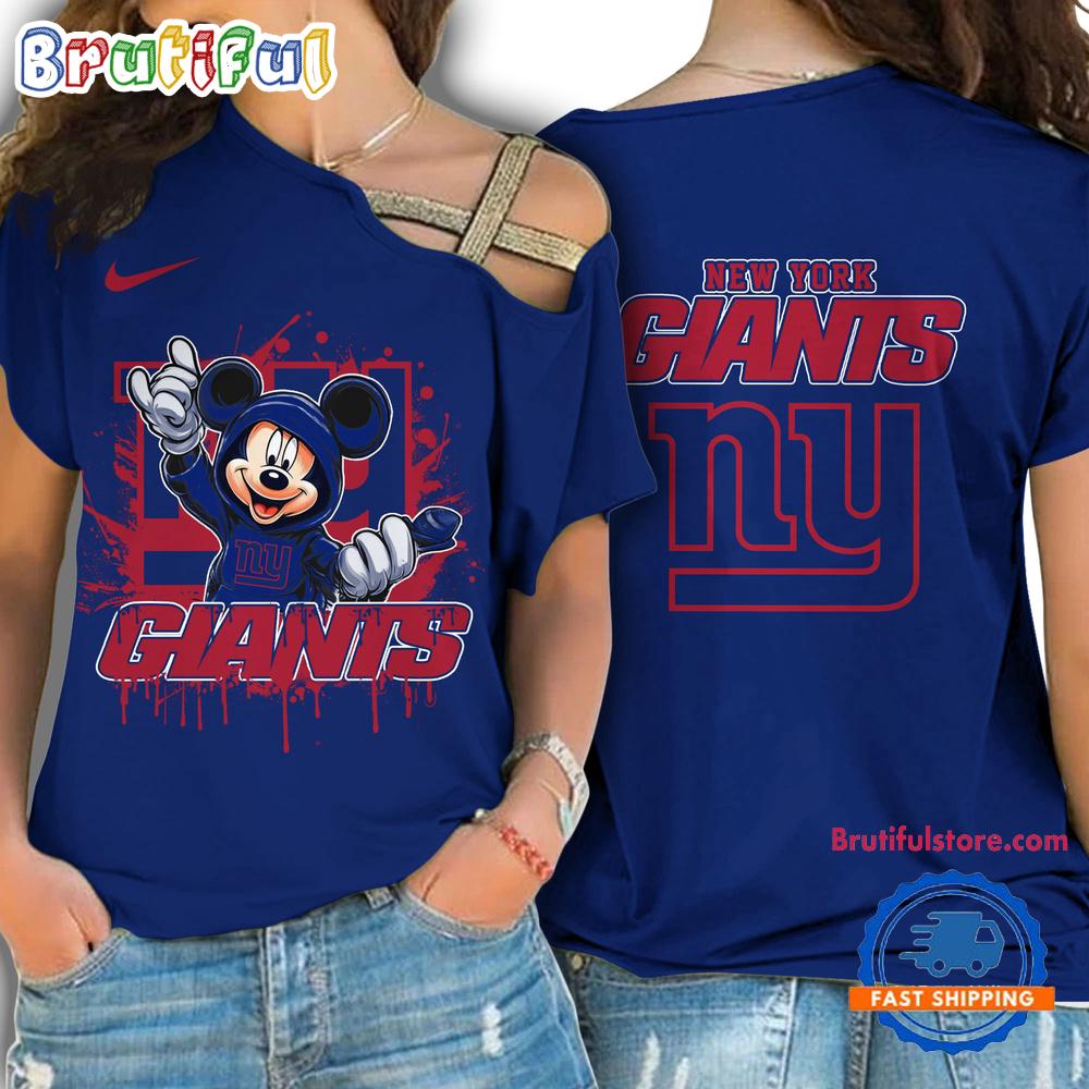 NFL New York Giants Mickey Mouse Women's Cross Strap Shoulder Shirt, Football One Shoulder Shirt