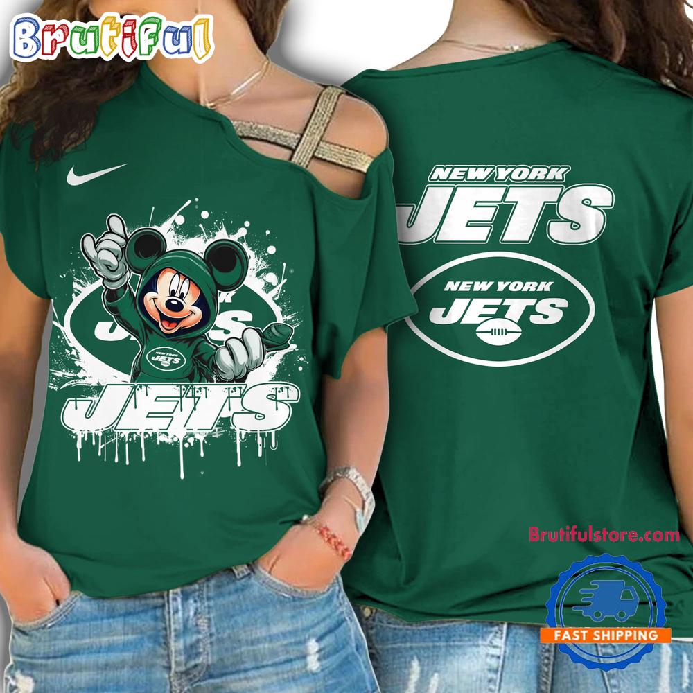 NFL New York Jets Mickey Mouse Women's Cross Strap Shoulder Shirt, Football One Shoulder Shirt