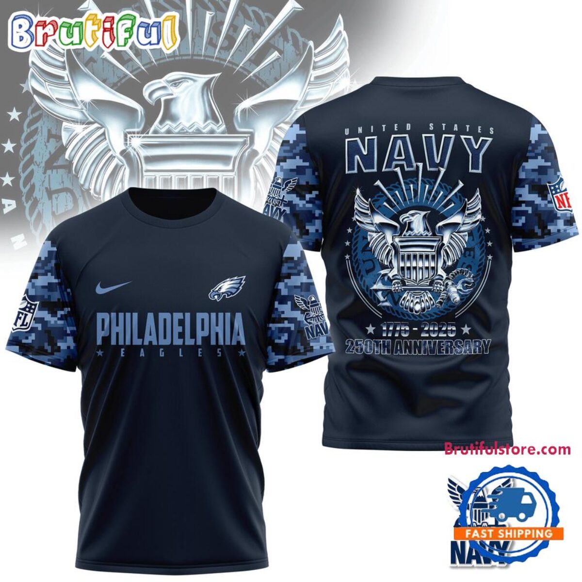 NFL Philadelphia Eagles US Navy 250th Anniversary 1775-2025 3D Shirt