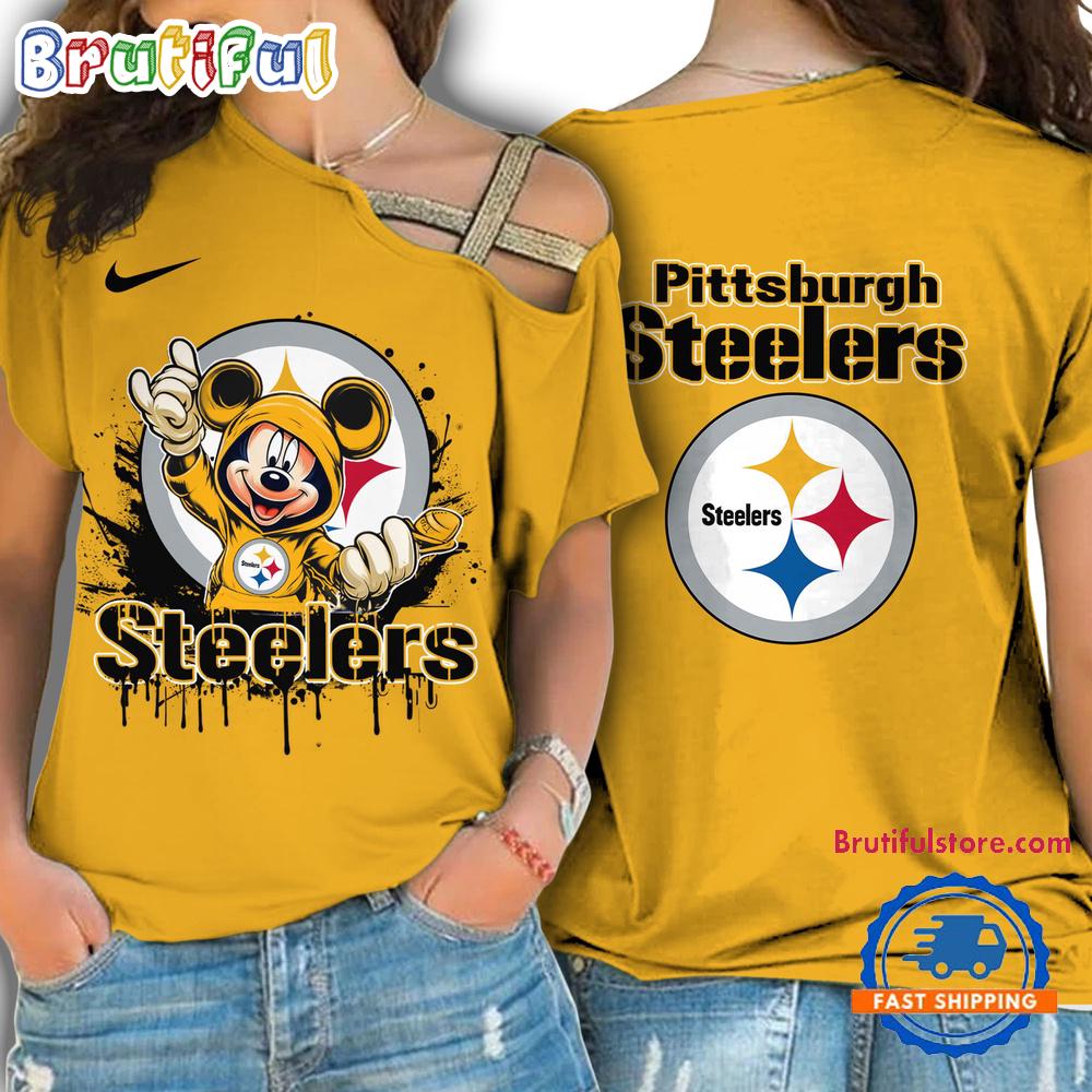 NFL Pittsburgh Steelers Mickey Mouse Women's Cross Strap Shoulder Shirt, Football One Shoulder Shirt