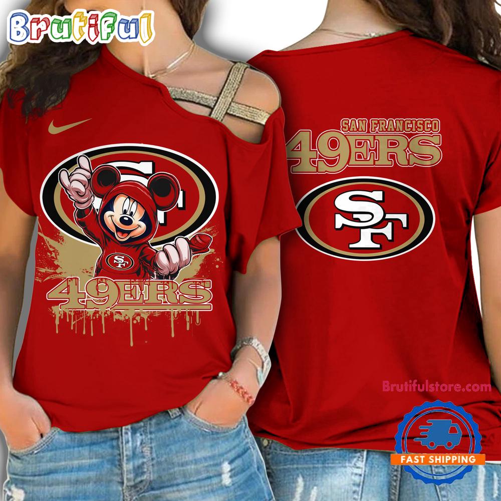 NFL San Francisco 49ers Mickey Mouse Women's Cross Strap Shoulder Shirt, Football One Shoulder Shirt