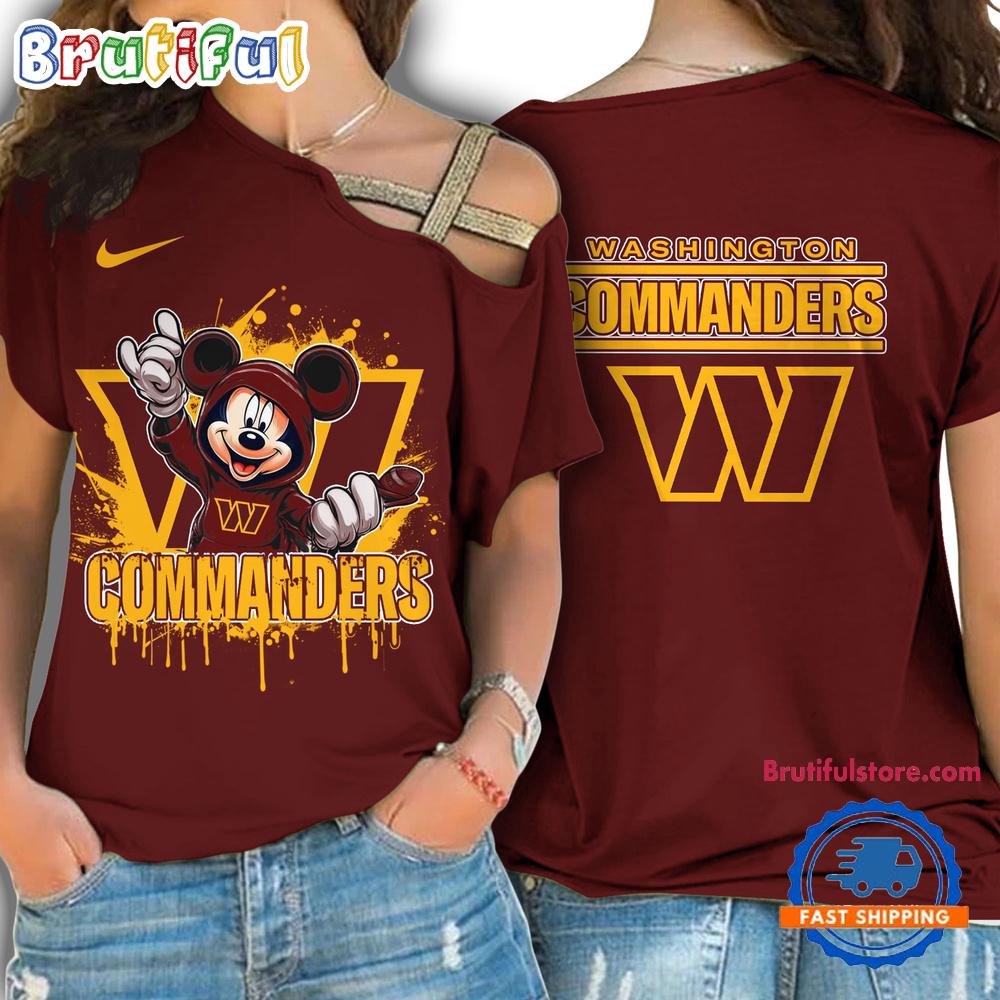NFL Washington Commanders Mickey Mouse Women's Cross Strap Shoulder Shirt, Football One Shoulder Shirt