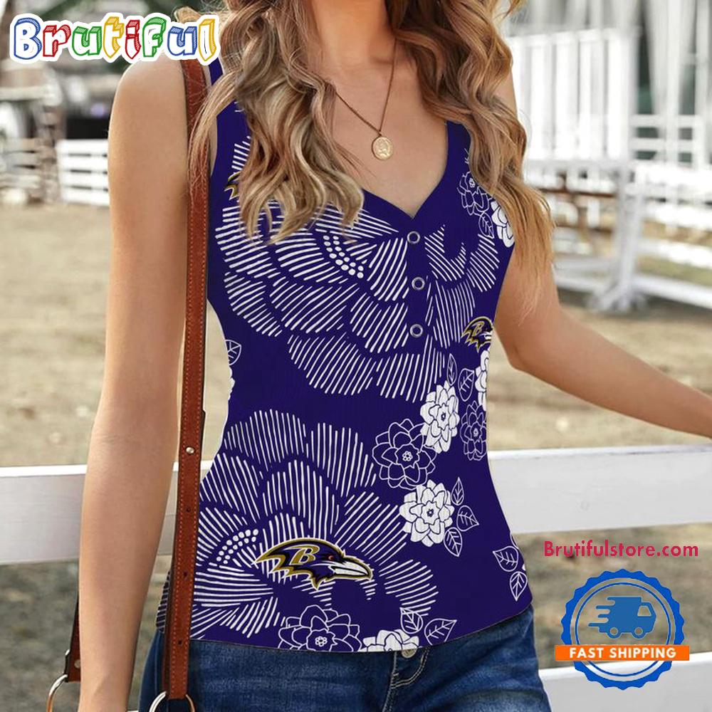 Baltimore Ravens Flower Pattern Women's V-Neck Ribbed Tank Top