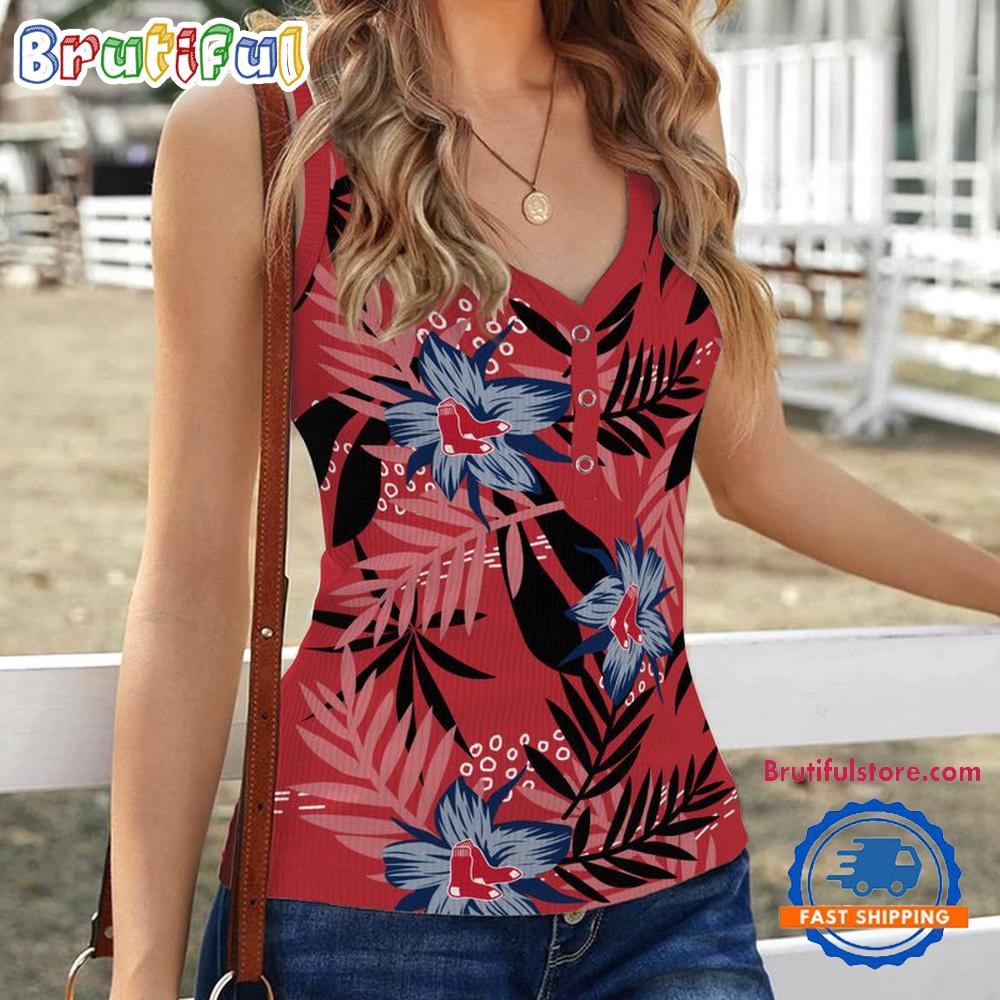 Boston Red Sox Hibiscus Pattern Women's V-Neck Ribbed Tank Top