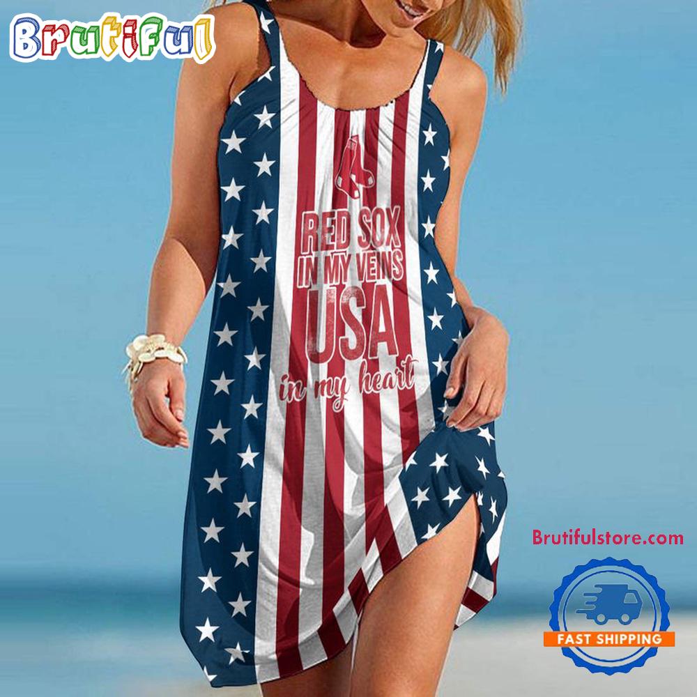 Boston Red Sox In My Veins USA In My Heart Independence Day Women's Summer Beach Sling Dress