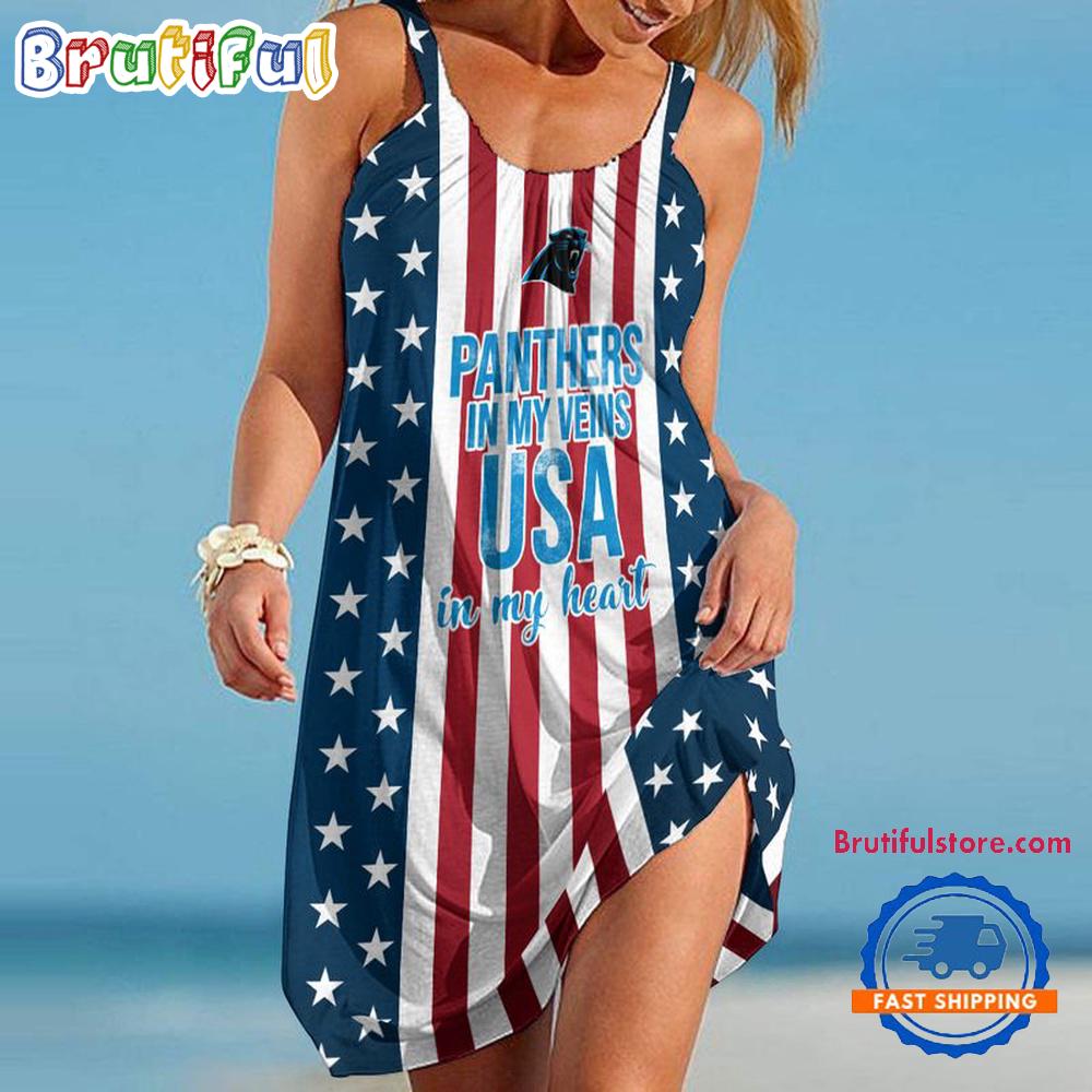 Carolina Panthers In My Veins USA In My Heart Independence Day Women's Summer Beach Sling Dress