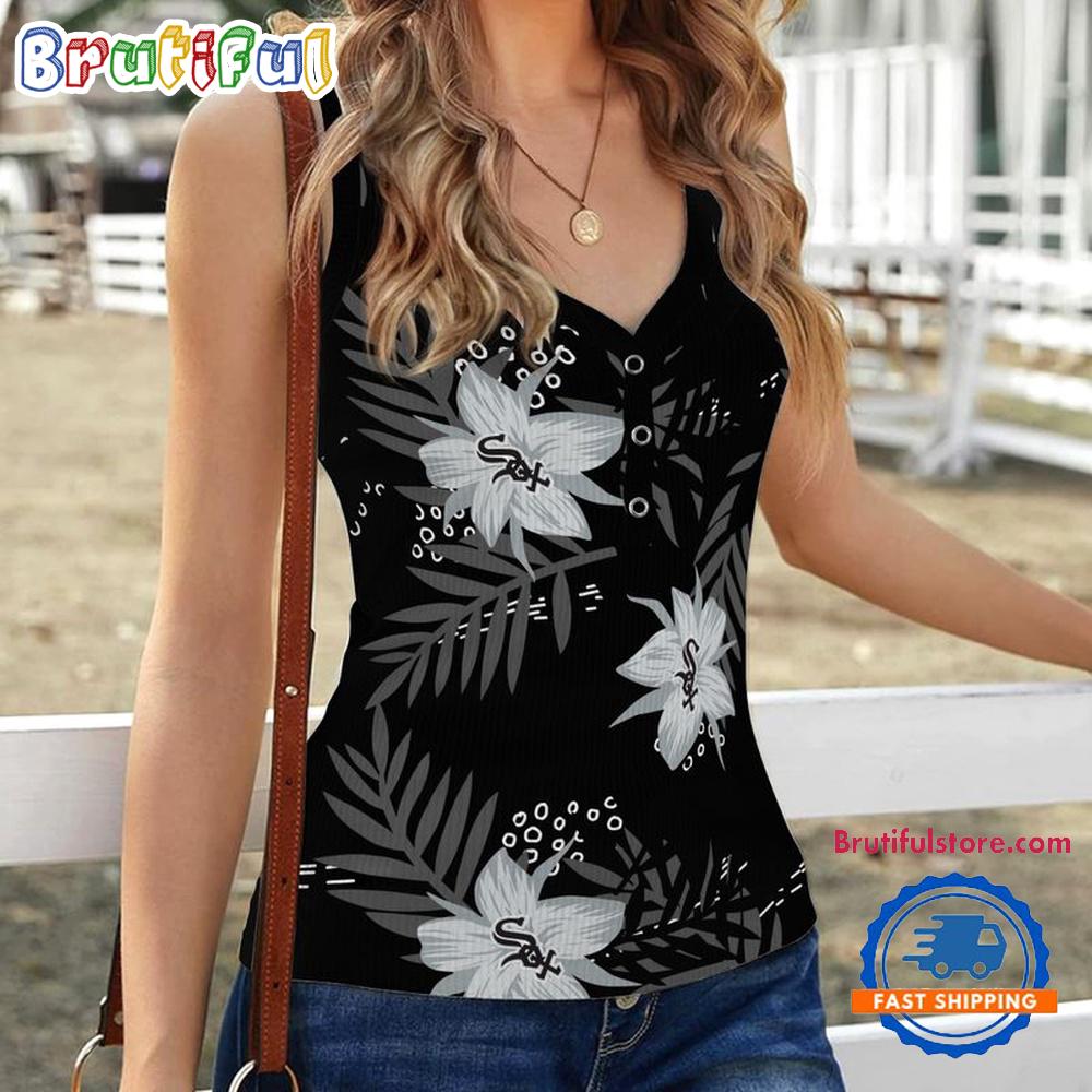 Chicago White Sox Hibiscus Pattern Women's V-Neck Ribbed Tank Top