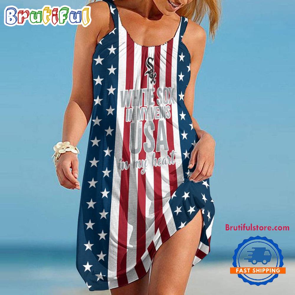 Chicago White Sox In My Veins USA In My Heart Independence Day Women's Summer Beach Sling Dress