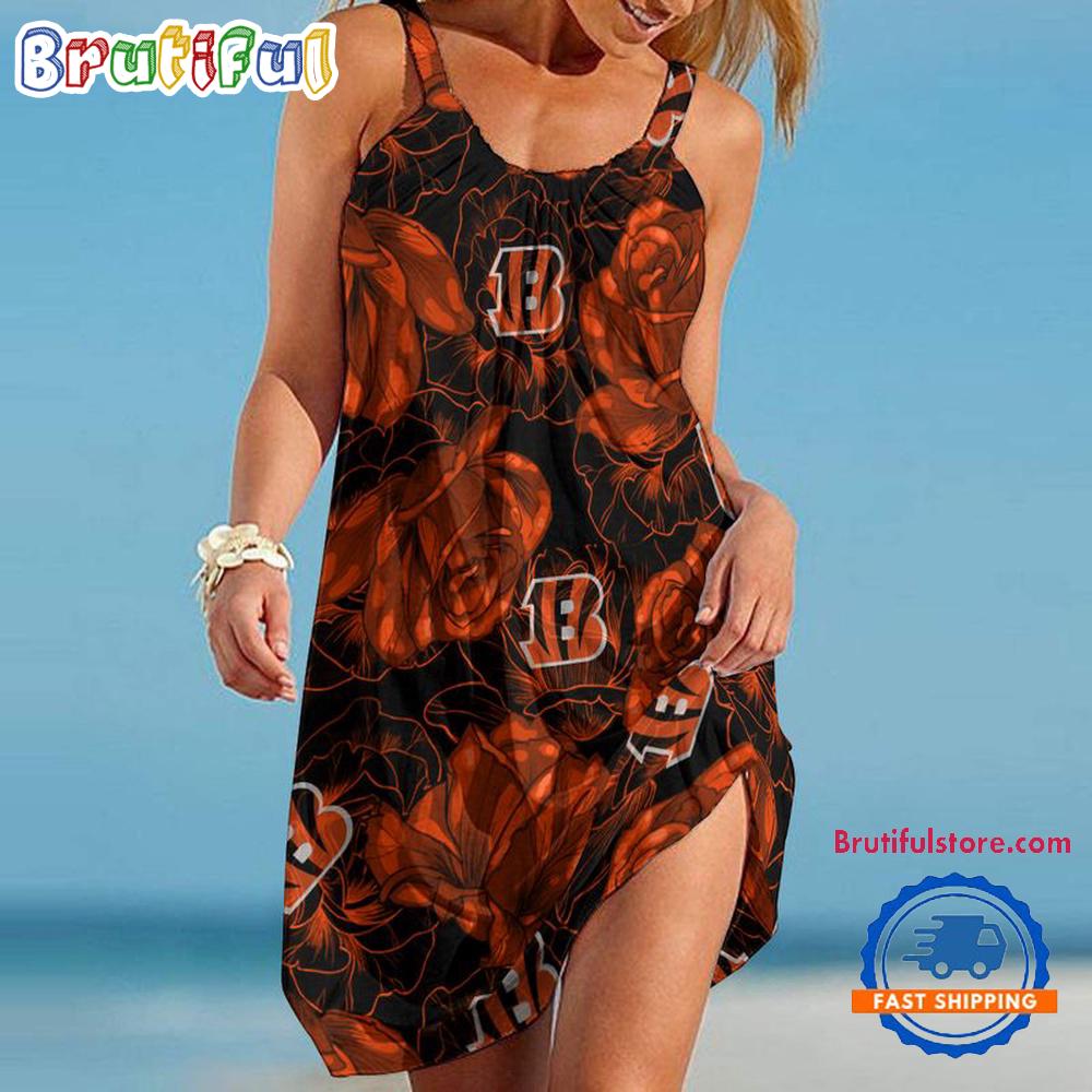 Cincinnati Bengals Flower Pattern Women’s Summer Beach Sling Dress