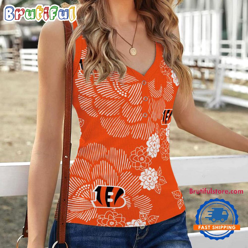 Cincinnati Bengals Flower Pattern Women's V-Neck Ribbed Tank Top