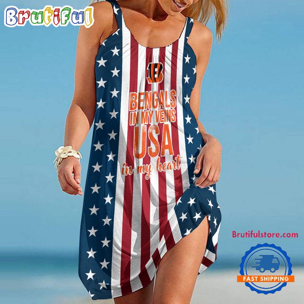Cincinnati Bengals In My Veins USA In My Heart Independence Day Women's Summer Beach Sling Dress
