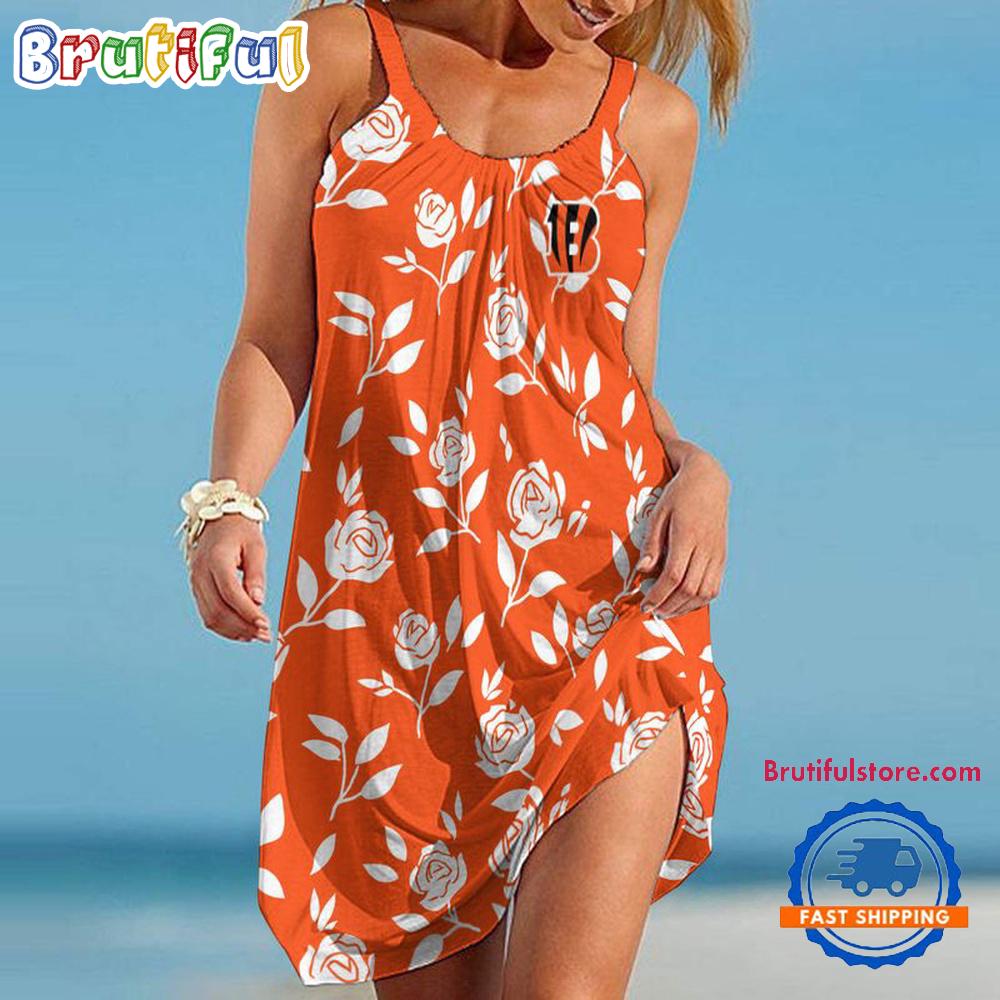 Cincinnati Bengals Rose Pattern Women’s Summer Beach Sling Dress