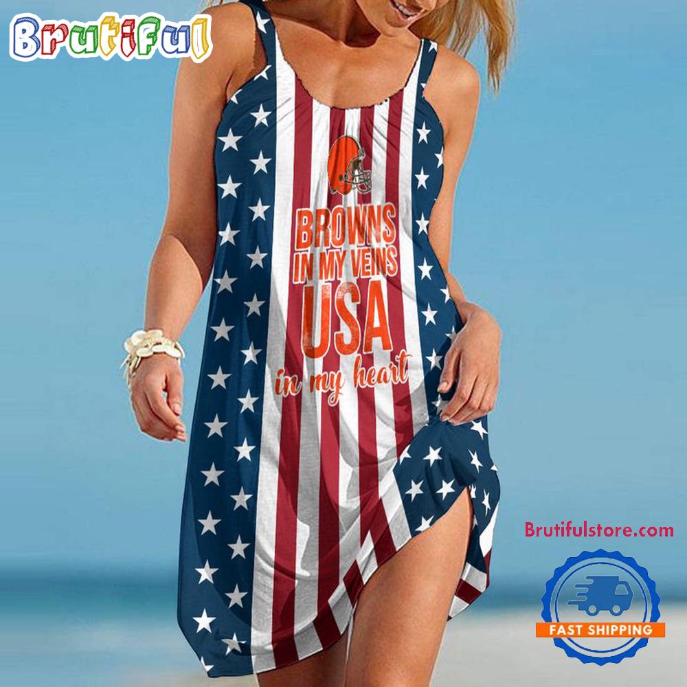 Cleveland Browns In My Veins USA In My Heart Independence Day Women's Summer Beach Sling Dress