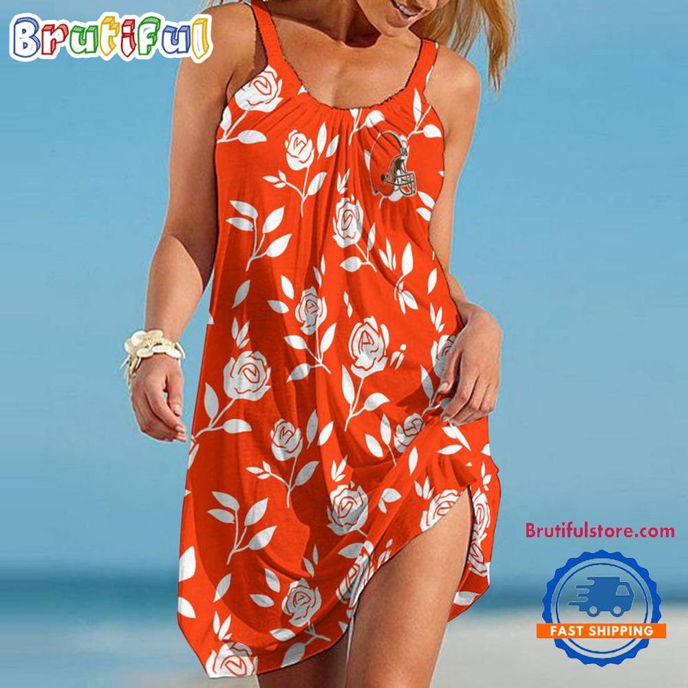 Cleveland Browns Rose Pattern Women’s Summer Beach Sling Dress