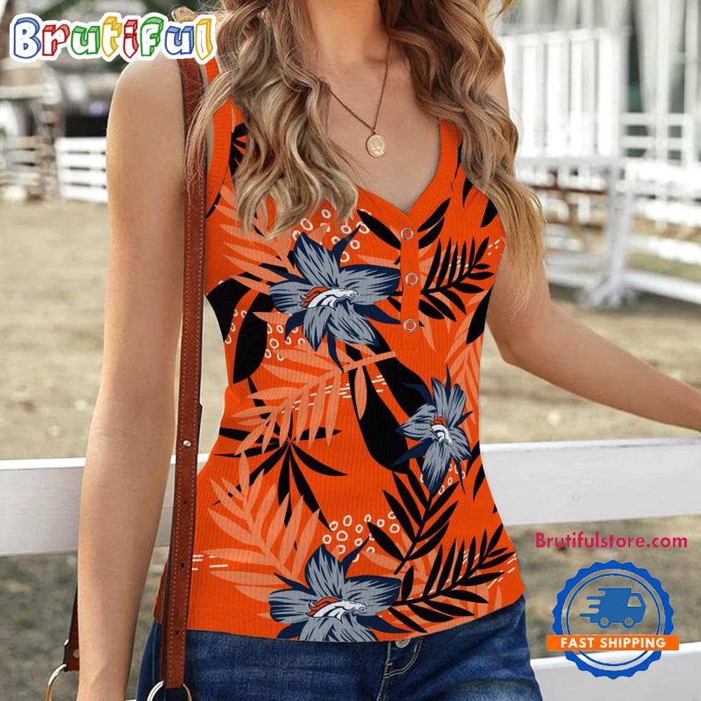 Denver Broncos Hibiscus Pattern Women's V-Neck Ribbed Tank Top