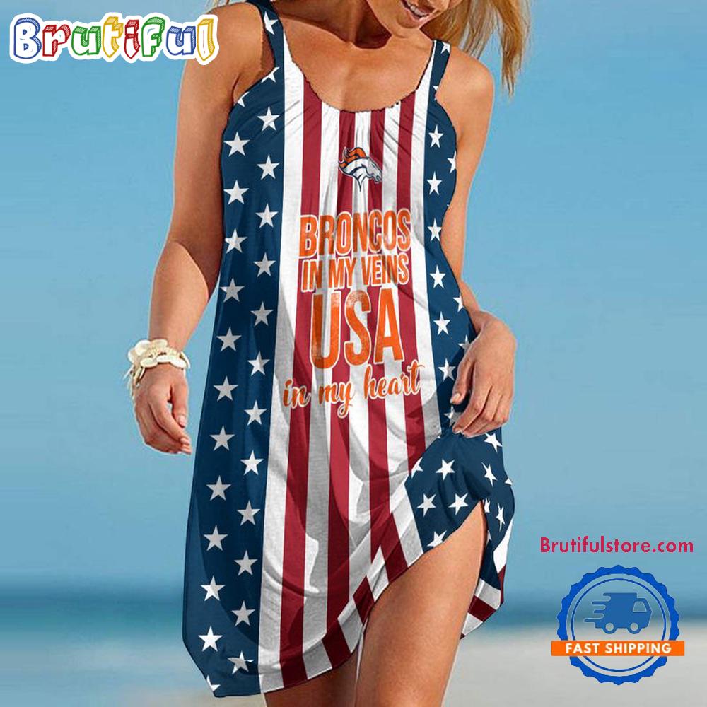 Denver Broncos In My Veins USA In My Heart Independence Day Women's Summer Beach Sling Dress