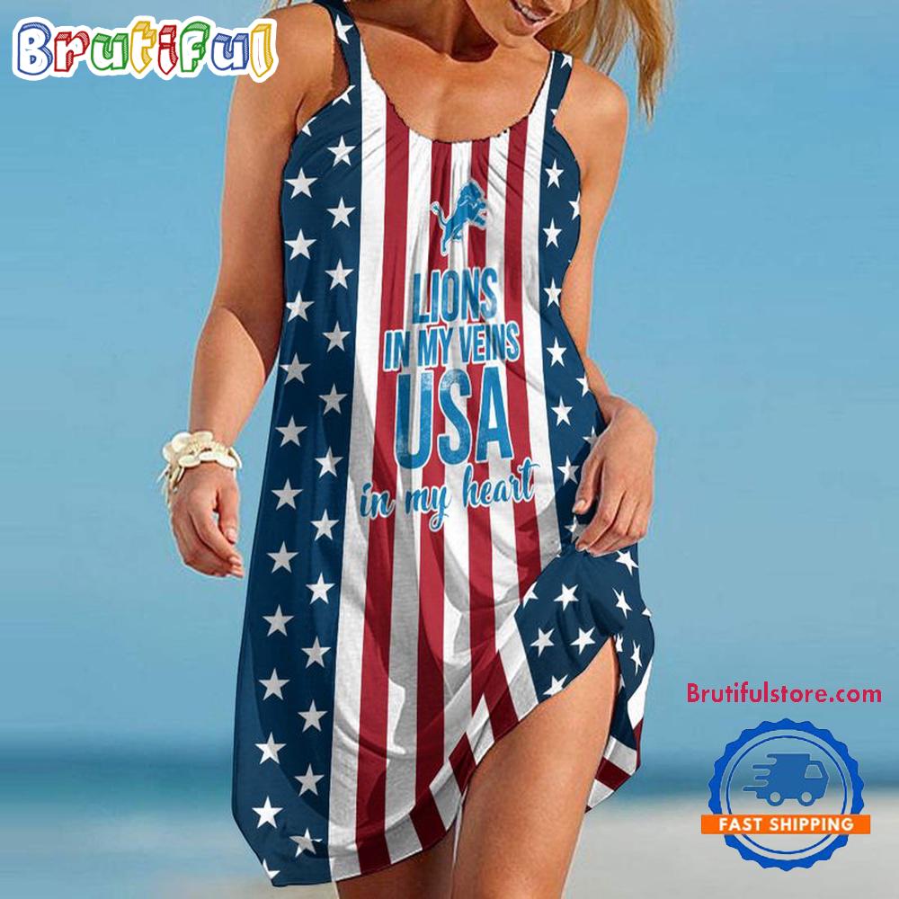 Detroit Lions In My Veins USA In My Heart Independence Day Women's Summer Beach Sling Dress