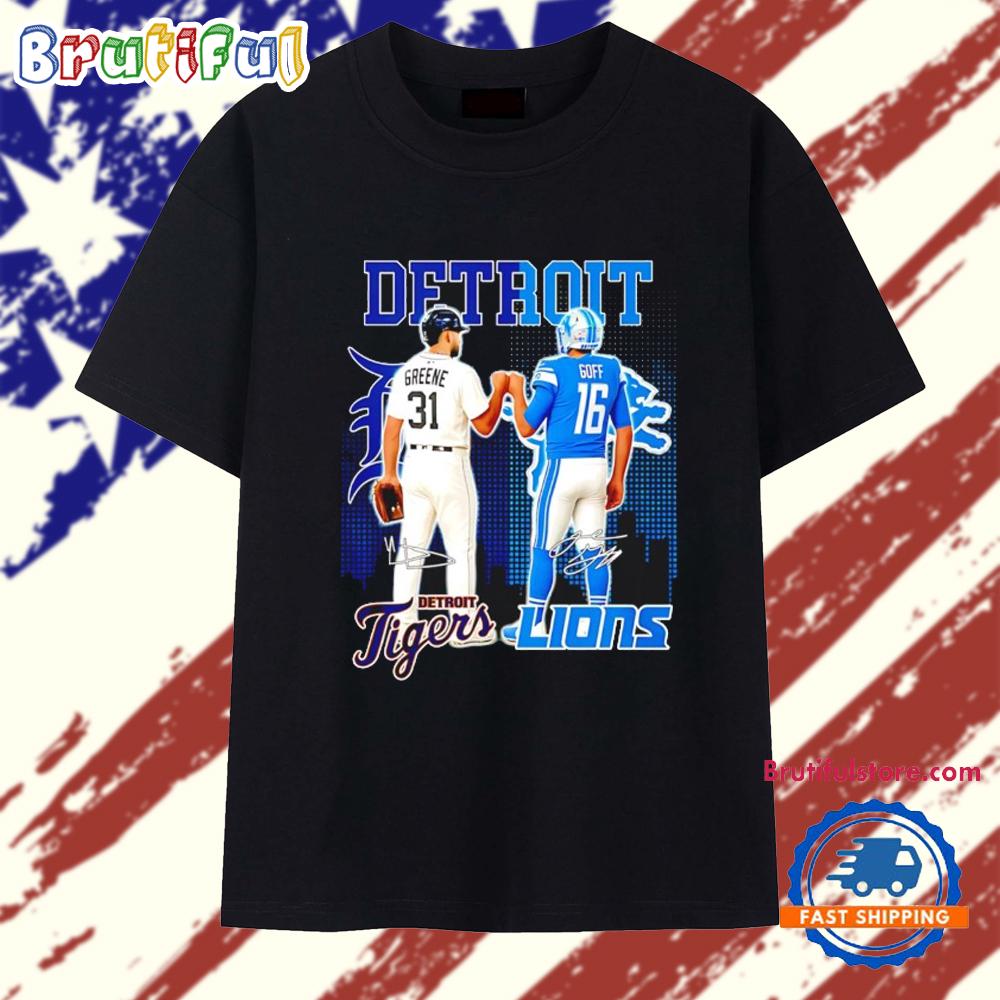Detroit Tigers Greene and Lions Goff Signature City Skyline T Shirt