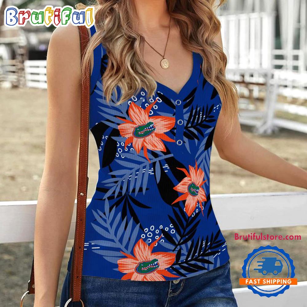 Florida Gators Hibiscus Pattern Women's V-Neck Ribbed Tank Top