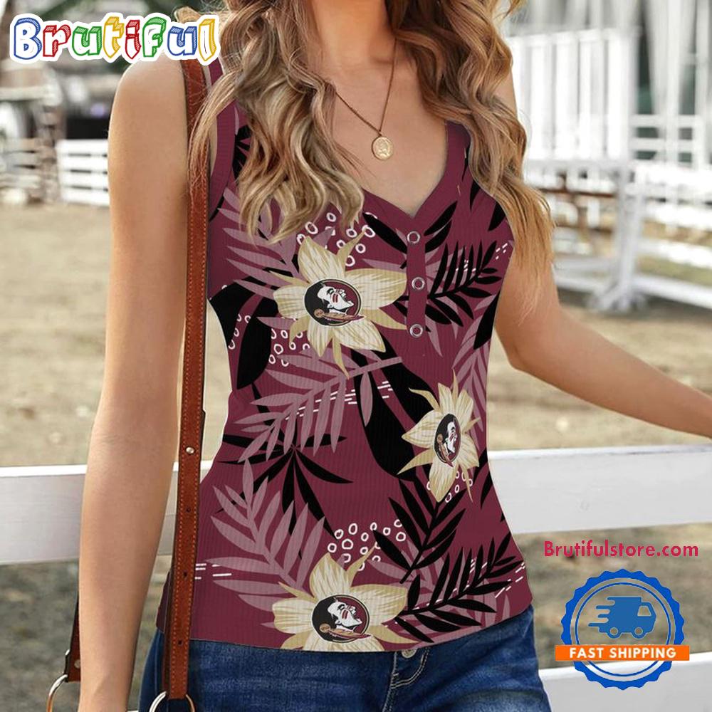 Florida State Seminoles Hibiscus Pattern Women's V-Neck Ribbed Tank Top