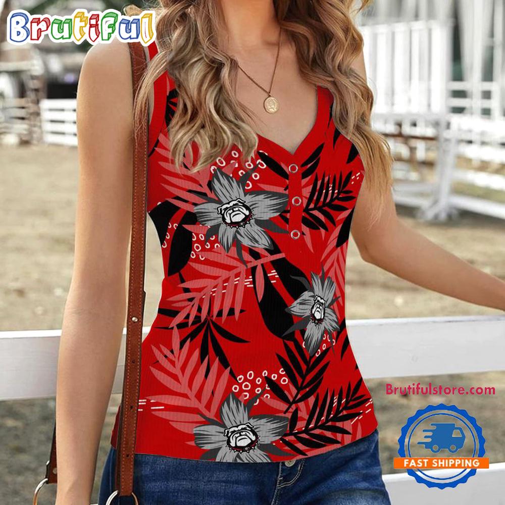Georgia Bulldogs Hibiscus Pattern Women's V-Neck Ribbed Tank Top